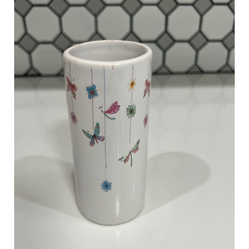 White Ceramic Cylinder Bud Vase Butterfly Dragonfly Floral Garden Design 5.75in